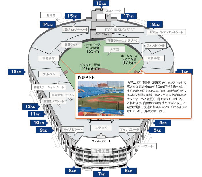 内野ネット 内野エリア（1塁側・3塁側）のフェンスネットの高さを従来の4mから50cm下げ3.5mとし、支柱の数を従来の64本（1塁・3塁合計）から30本へ大幅に削減、またフェンス上部の鋼材をワイヤーへと変更（一部を除く）しました。これにより、内野席での観戦が今まで以上に迫力が増し、快適にお楽しみいただけるようになりました。（平成24年より）